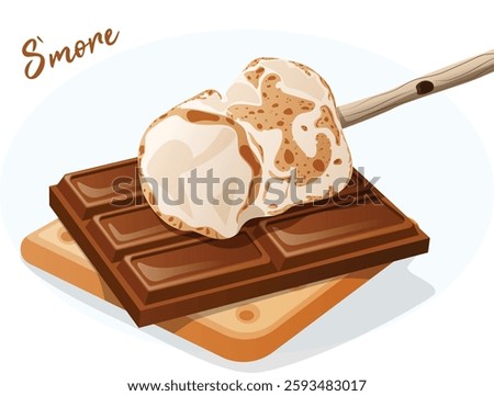 Chocolate Bar and Toasted Marshmallow with Stick on a Cracker. S`more Detailed Illustration Isolated. Confectionery Graham Cracker Sandwich 