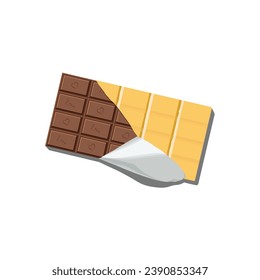 Barra de chocolate con papel de envoltura rota, vector plano sobre fondo blanco. Ilustración de leche de chocolate. Icono de canto. La repostería. Elemento para el día de San Valentín