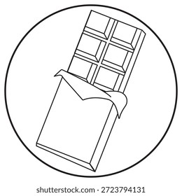Barra de chocolate sin envolver de un paquete de papel de aluminio, en un estilo de arte de línea limpia. Un simple icono de contorno para una marca de dulces o postres.