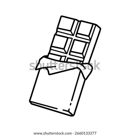 Chocolate bar unwrapped from a foil package, in a clean line art style. A simple outline icon for a candy or dessert-themed brand.