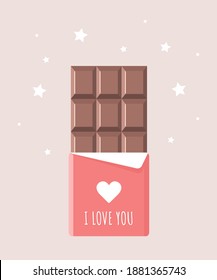 Chocolate bar for Valentines day. Sweets and candy present. I love you. Vector illustration in flat cartoon style.