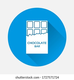 Chocolate bar vector icon on blue background. Flat image with long shadow.