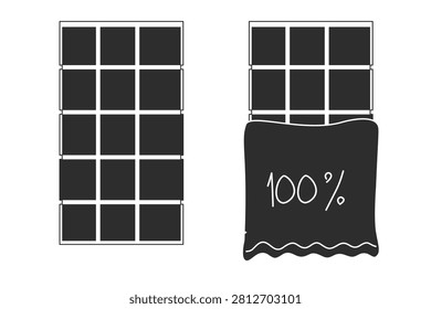 Chocolate bar vector icon set. Dark chocolate bar and half unwrapped chocolate bar with 100% label isolated on white background.