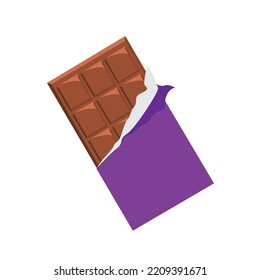 chocolate bar vector illustration. Chocolate bar in opened purple wrapped  isolated on white background, dessert, vector illustration in flat style