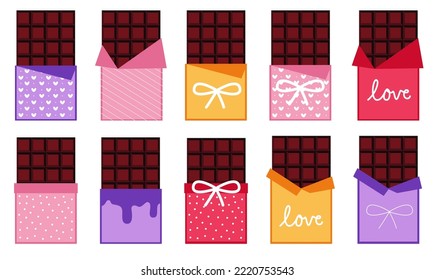 Chocolate bar vector illustration. Set of chocolate bars in colorful wrappers.