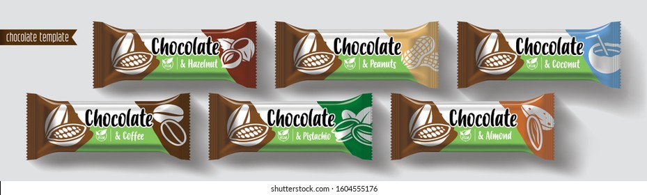 Chocolate bar vector packaging design. Nuts chocolate set.
