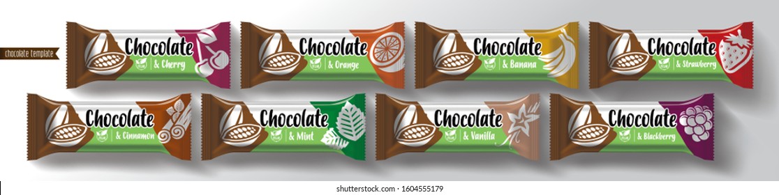 Chocolate bar vector packaging design. Fruit and spicy chocolate set.