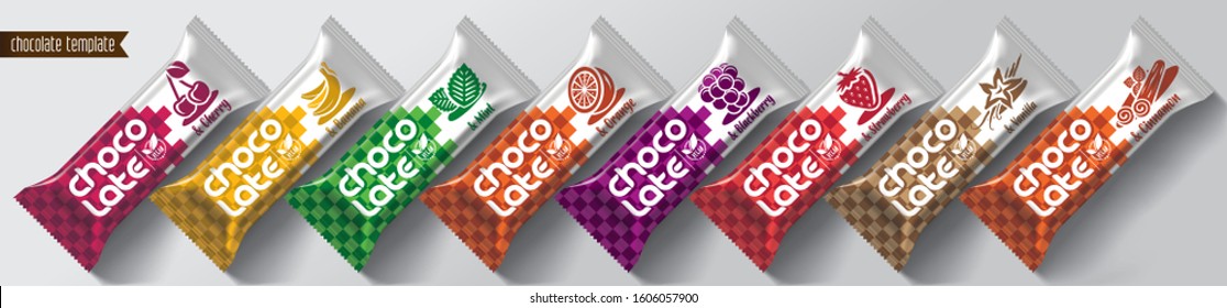 Chocolate bar vector packaging design. Fruit and spicy chocolate set.