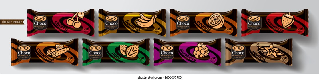 Chocolate bar vector packaging design. Fruit and spicy chocolate set.