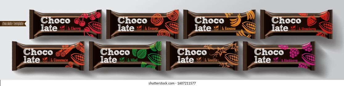 Chocolate bar vector packaging design. Fruit and spicy chocolate set.