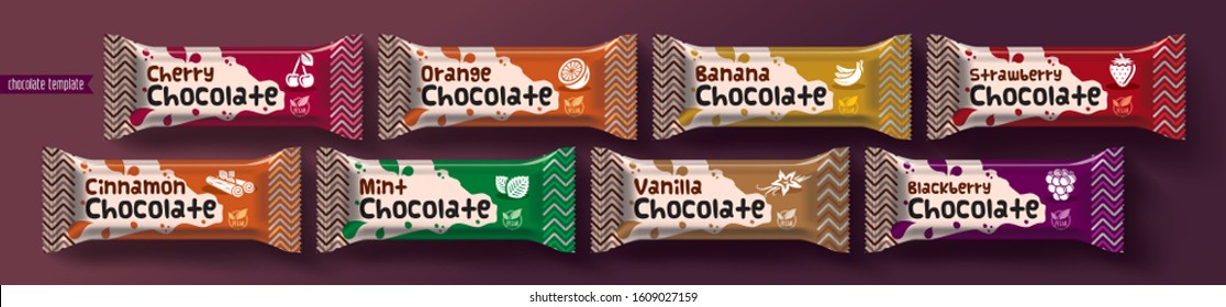 Chocolate bar vector packaging design. Fruit and spicy chocolate set.