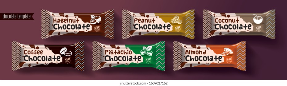 Chocolate bar vector packaging design. Nuts chocolate set.