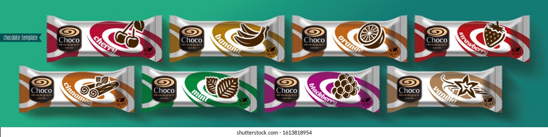 Chocolate bar vector packaging design. Fruit and spicy chocolate set.