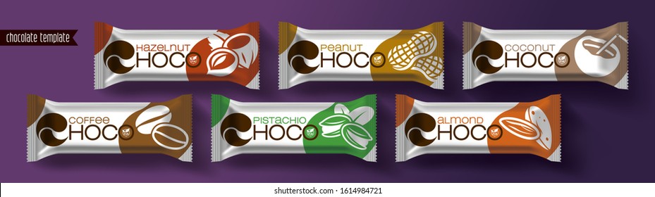 Chocolate bar vector packaging design. Nuts chocolate set.