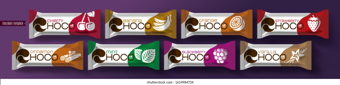 Chocolate bar vector packaging design. Fruit and spicy chocolate set.