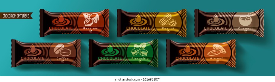 Diseño de embalaje vectorial de barra de chocolate. Equipo de chocolate nueces.