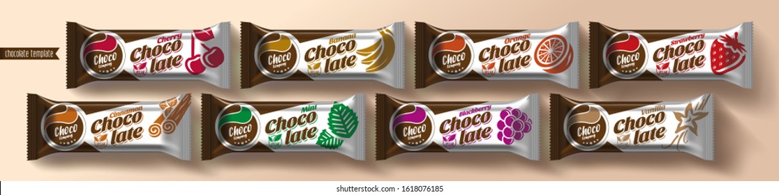 Chocolate bar vector packaging design. Fruit and spicy chocolate set.