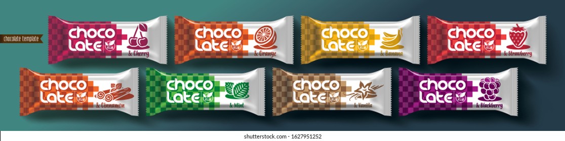 Chocolate bar vector packaging design. Fruit and spicy chocolate set.