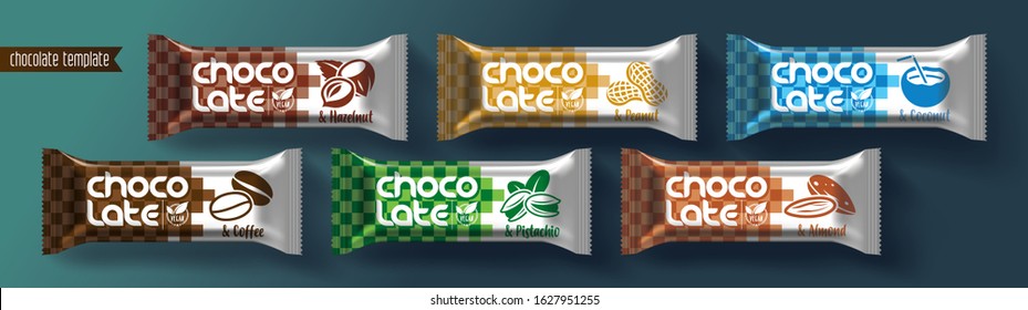 Chocolate bar vector packaging design. Nuts chocolate set.