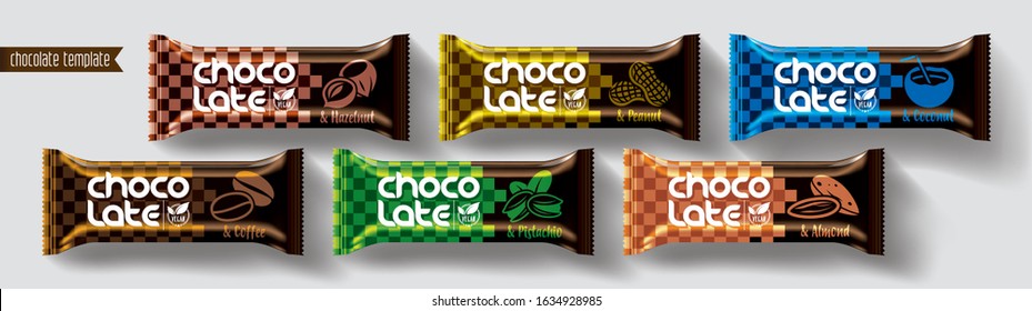 Chocolate bar vector packaging design. Nut chocolate set.