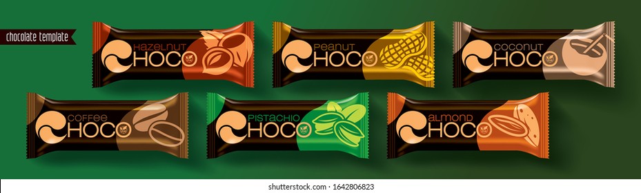 Chocolate bar vector packaging design. Nuts chocolate set.