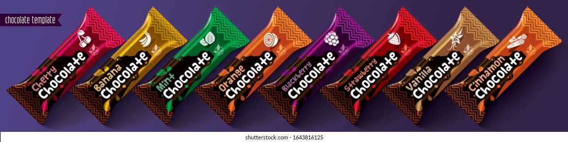 Diseño de embalaje vectorial de barra de chocolate. Conjunto de frutas y chocolate picante.