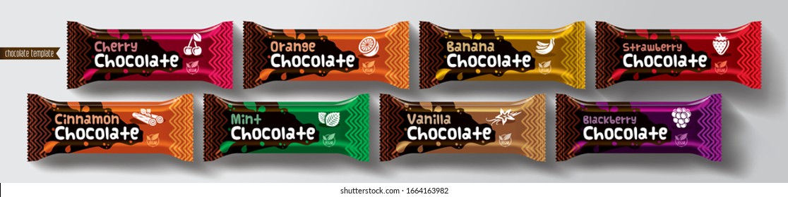 Chocolate bar vector packaging design. Fruit and spicy chocolate set.