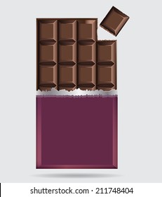 Chocolate bar vector showing the unwrapped broken off top half of a slab of milky chocolate with one square in the corner broken free and below a large flat rectangular chocolate on grey