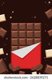 Chocolate Bar Wrapped in Paper Surrounded by Chocolate Pieces and Coffee Beans.Illustration of a chocolate bar in packaging amidst various chocolate pieces and coffee beans on a dark background.