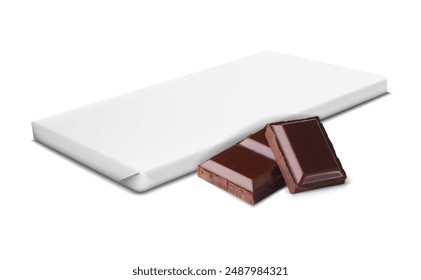 A chocolate bar in a wrapper and a couple of pieces of chocolate next to it. Vector illustration