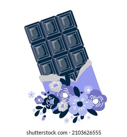 A chocolate bar in a wrapper and flowers. Vector clipart.