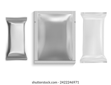 Chocolate bar wrapper. Foil pouch mock up, vector. Biscuit candy paper wrap blank. Silver aluminum sachet, crisp nutrition container for product brand. Wafer bar pack, plastic pouch