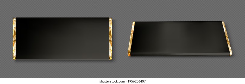 Chocolate bar wrapper with gold foil and black paper in top and perspective view. Vector realistic mockup of blank candy package, 3d chocolate wrap isolated on transparent background