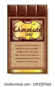 Chocolate bar wrapper. Holiday tasty lettering. Vintage pattern border. Gold foil. Banner background. Place for your text.

