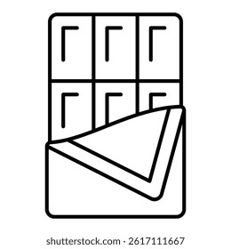Chocolate bar in wrapping paper thin line icon, sweets pastry concept. Vector graphics. Bar piece of sweet chocolate sign on white background, linear style for mobile or design