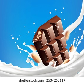 Chocolate barras outro e chocolate de noz de amêndoa respinga. leite, produto láteo. isolado no fundo branco. Ilustração vetorial realista. Malha
