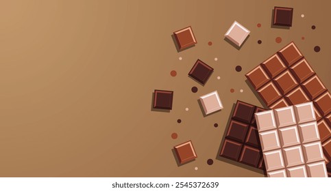 Chocolate bars. Chocolate background. Realistic Chocolate Bar with Pieces. Milk, dark and white chocolate bars. Vector illustration