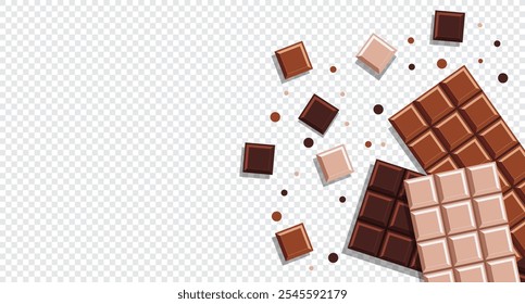 Chocolate bars. Chocolate background. Realistic Chocolate Bar with Pieces. Milk, dark and white chocolate bars. Vector illustration