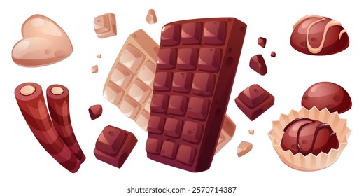 Chocolate bars and candies isolated on white background. Vector cartoon illustration of bitter dark, sweet milk and white cacao dessert, heart shape sweet in paper wrapping, confectionery banner