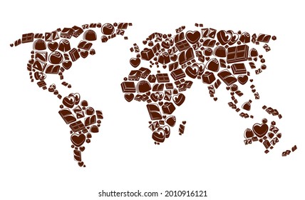 Chocolate bars and candies world map vector design of sweet food. Dark chocolate, bitter cocoa and cacao desserts, square pieces of bars, praline, nougat and truffle candies in shape of continents