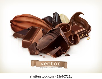 Chocolate bars, candy, slices, shavings and pieces, vector illustration isolated on white