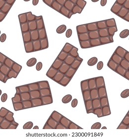Chocolate bars and coffee beans seamless pattern. Chocolate coffee background. Doodle print for textile, packaging, wrapping, vector illustration