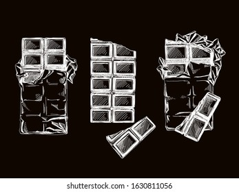 Chocolate bars hand drawn vector illustrations set. Black and white cocoa containing sweets sketch drawings isolated on white background. Confectionery product in foil wrapper engravings collection