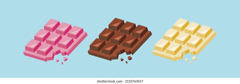 chocolate bars isolated Vector illustration. Chocolate. Pieces, shavings, cocoa fruit. Dark, Milk and Pink Strawberry Chocolates For Valentine's day and White Day. Ingredient for Sweet Dessert, Cake