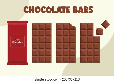 Chocolate Bars with label, full and bitten chocolate vector flat illustration