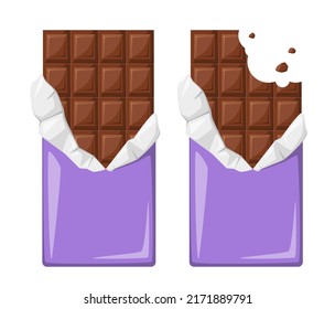 Chocolate bars on a white background. Bitten chocolate in a wrapper.