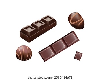 Chocolate bars on white background. Chocolate bars collection, assorted chocolate treats on white, sweet cocoa snacks, gourmet chocolate pieces, dark and milk squares