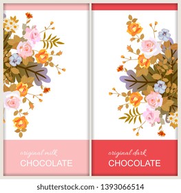 Chocolate bars package designs with beautiful bouquets of flowers on white background. Greeting or invitation card template.