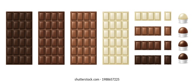 Chocolate bars, pieces and candies. Realistic dark chunks of milky dark and white chocolate, 3D blocks of cocoa dessert. Sweet delicious snacks set. Vector illustration