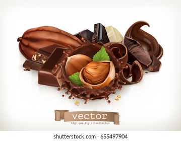 Barras y trozos de chocolate. Aroma de maní y chocolate. Ilustración realista, icono de vector 3d